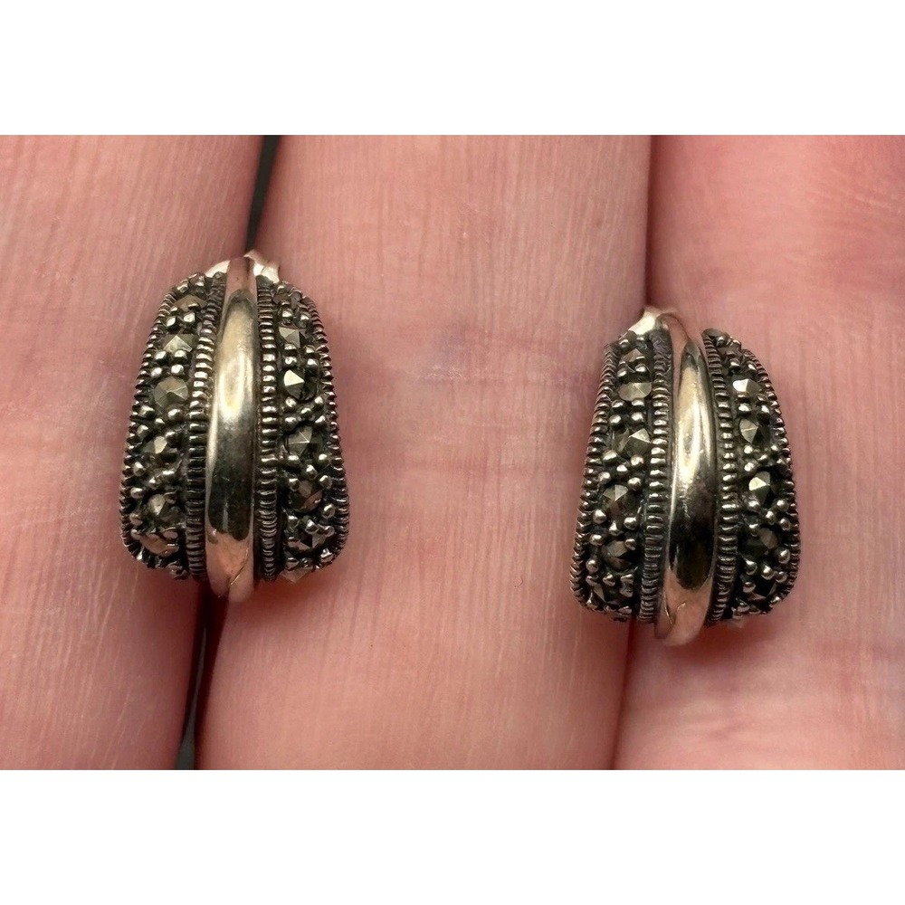 VTG Deco Style Sterling Silver 925 Marcasite Thick Hoop Huggie Pierced Earrings